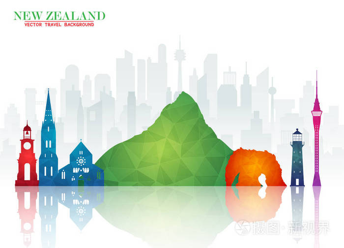 新新西兰地标全球旅行和旅行论文背景。矢量设计模板. 用于广告、书籍、横幅、模板、旅游业务或演示文稿